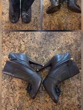CHANEL Blue Leather Ankle Booties with Floral Appliqué and Gold Zipper Accents